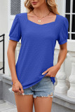Plain Eyelet Square Neck Puff Short Sleeves Top