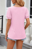 Plain Eyelet Square Neck Puff Short Sleeves Top