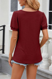 Plain Eyelet Square Neck Puff Short Sleeves Top