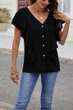 Plain V Neck Buttoned Ruffles Blouse