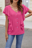 Plain V Neck Buttoned Ruffles Blouse