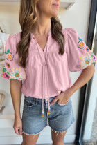 Pink Floral Embroidered Puff Sleeve Split Neck Blouse