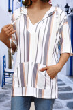 Stripe V Neck Kangroo Pocket Hooded Shirt