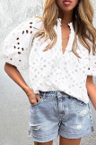 White Flower Embroidered Hollow-out Puff Sleeve Blouse