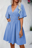 Blue V Neck Hollow Out Elastic Waist Dress