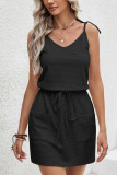 Black Waffle Knit V Neck Tie Strap Drawstring Pockets Dress