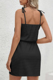 Black Waffle Knit V Neck Tie Strap Drawstring Pockets Dress