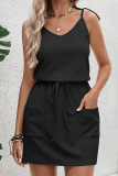 Black Waffle Knit V Neck Tie Strap Drawstring Pockets Dress