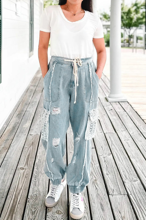 Ripped Lace Denim Jogger Pants