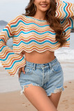 Scallop Hem Knit Stripe Crop Kimono Top