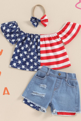 USA Print Off Shoulder Top with Jeans Shorts Girl 2pcs Set