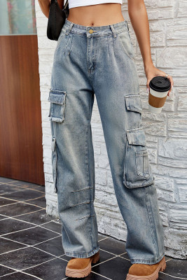 Washed Blue Side Pockets Loose Denim Pants
