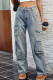 Washed Blue Side Pockets Loose Denim Pants