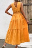 Plain V Neck Smocked Waist Ruffles Maxi Dress