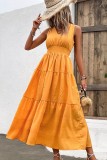 Plain V Neck Smocked Waist Ruffles Maxi Dress