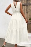 Plain V Neck Smocked Waist Ruffles Maxi Dress