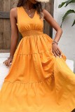 Plain V Neck Smocked Waist Ruffles Maxi Dress