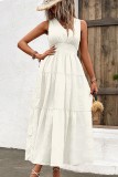 Plain V Neck Smocked Waist Ruffles Maxi Dress