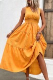 Plain V Neck Smocked Waist Ruffles Maxi Dress