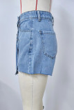 Blue Washed Pleated Denim Skort Shorts