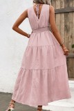 Plain V Neck Smocked Waist Ruffles Maxi Dress
