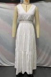 Plain V Neck Smocked Waist Ruffles Maxi Dress