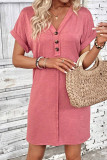 Plain V Neck Buttoned Exposed Seam T-Shirt Dress