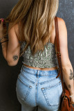 Green Floral Print Tie Spaghetti Straps Cropped Tank Top