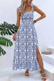 Printed Smocked Square Neck Tie Strap Maxi Dress