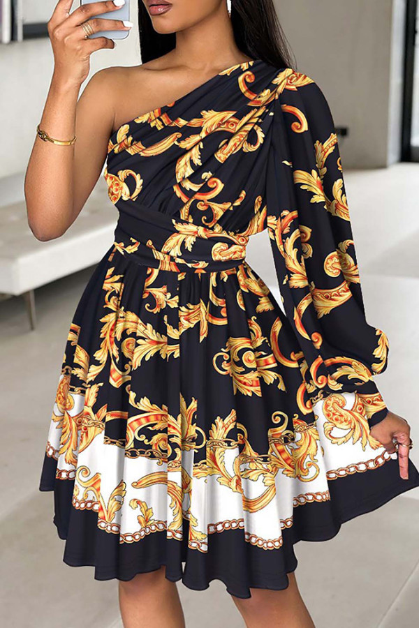 One Shoulder Boho Floral Ruffle Dress