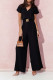 Plain V Neck Elastic Waist One Piece Jumpsuit