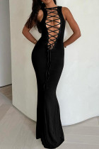 Black Open Bust Ribbon Cross Maxi Dress