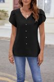 Plain V Neck Buttoned Turlip Sleeves Blouse