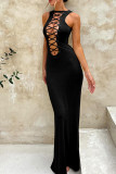 Black Open Bust Ribbon Cross Maxi Dress