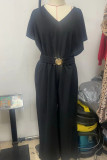 Plain V Neck Elastic Waist One Piece Jumpsuit