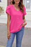 Plain V Neck Buttoned Turlip Sleeves Blouse