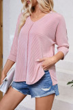 Plain V Neck Textured Bat Wing Sleeves Top