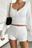 Plain Buttoned Long Sleeves Top with Shorts 2pcs Set