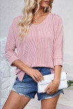 Plain V Neck Textured Bat Wing Sleeves Top