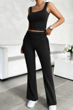 Plain Rib U Neck Tank Top with Pants 2pcs Set