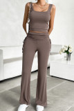 Plain Rib U Neck Tank Top with Pants 2pcs Set