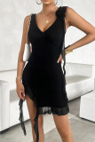 Plain V Neck Sleeveless Ruffle Hem Dress