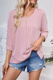 Plain V Neck Textured Bat Wing Sleeves Top