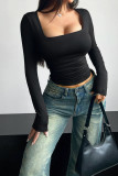 Square Neck Long Sleeves Plain Top
