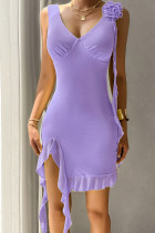 Plain V Neck Sleeveless Ruffle Hem Dress