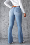 Blue Washed Ripped Flare Jeans Pants