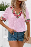 Plain Eyelet V Neck Embroidery Lace Blouse