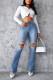 Blue Washed Ripped Flare Jeans Pants