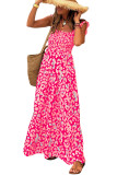 Pink Leopard Ruffle Straps Smocked High Waist Long Dress