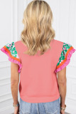 Peach Blossom Contrast Ricrac Floral Sleeve Top